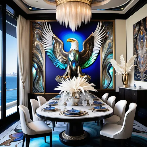 Prompt: 1920's Indian psychedelic Elaborate jewel beaded abalone eagle feathers murals Swarovski black and white and blue and indigo Monaco Indian Dubai Egyptian  yacht dining room with ocean view windows and elegant pearl abalone decor and tall micro orchids as a Sandro Botticelli painting interior design with abalone fire opal floor and large elaborate eagle statue made of fire opal and abalone