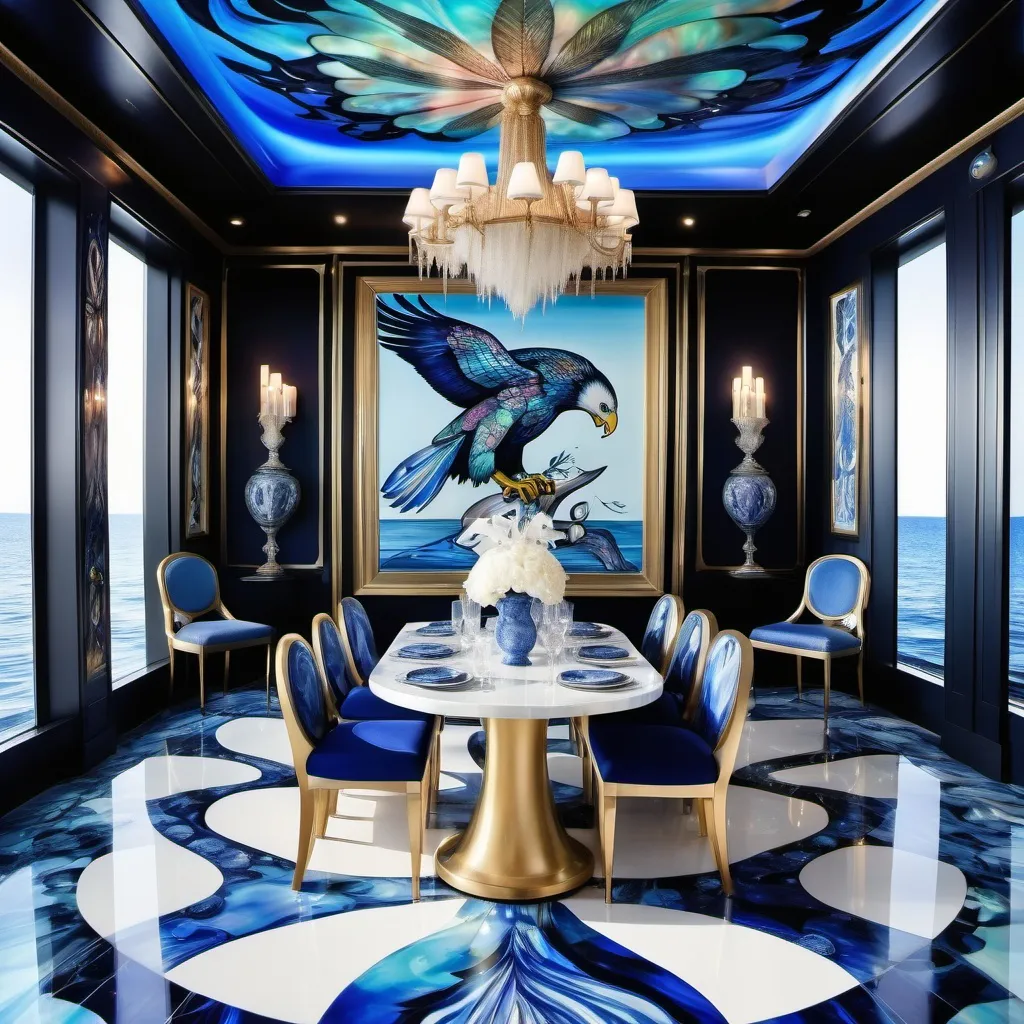 Prompt: 1920's Indian psychedelic Elaborate jewel beaded abalone eagle feathers murals Swarovski black and white and blue and indigo Monaco Indian Dubai Egyptian  yacht dining room with ocean view windows and elegant pearl abalone decor and tall micro orchids as a Sandro Botticelli painting interior design with dreamy
 psychedelic blue watercolor abalone marble floor