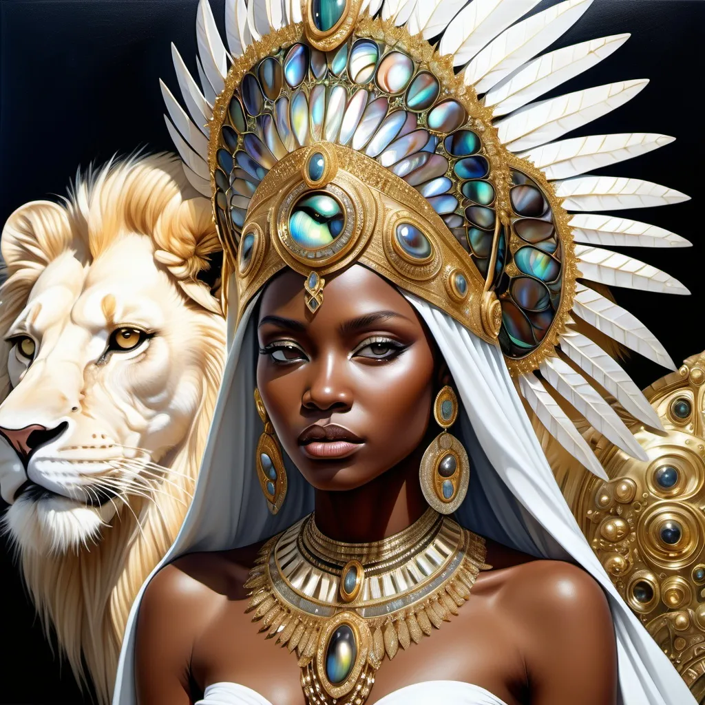 Prompt: Gorgeous white skinned Bulgarian goddess from south Africa with an ornate regal jeweled gold abalone headdress and a lion behind her, , Chinwe Chukwuogo-Roy, futurism, highly detailed digital painting, a photorealistic painting