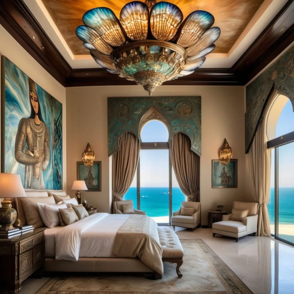 Prompt: Egyptian Dubai royal Mediterranean Balinese penthouse bedroom covered in abalone and abalone silk and as a Sandro Botticelli painting with elaborate abalone chandeliers and high ceilings and ocean views