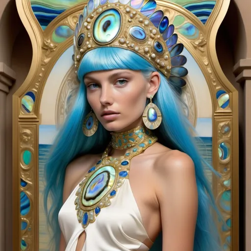 Prompt: Monaco Bulgarian swedish female model with blue hair and lavish cartier with whimsical gorgeous extravagant aestheticism,  featuring blue abalone and Mother of pearl and chartreuse  turquoise emilio pucci Valentino fitted halter top and long skirt as a Sandro Botticelli portrait painting with Polynesian Cartier white  abalone headdress with light opal