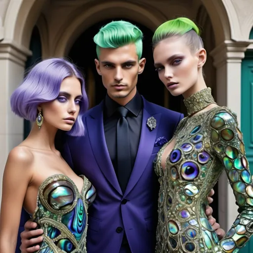 Prompt: a handsome male Catalan  swedish divine sacred male model with green hair and blue abalone Armani suit and a Monaco Bulgarian swedish French gorgeous female model with navy hair and lavish cartier with whimsical gorgeous extravagant  exotic aestheticism,  featuring violet lavender gold abalone and Mother of pearl and chartreuse vibrant beaded zuhair Murad rami al ali fitted ornate Swarovski abalone gown as a Sandro Botticelli portrait painting with large Balinese Polynesian Cartier gold  headdress with green abalone