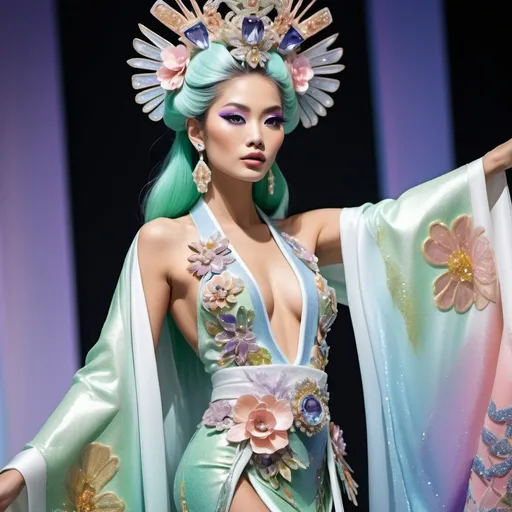 Prompt: Divine Angelic gorgeous feminine goddess Polynesian Hawaiian Balinese Thai Japanese geisha miss japan miss universe extravagant costume with vibrant pastel green bold styled hair and purple eyes in zuhair Murad beaded fitted kimono gown in embellished pearly white pink peach lavender blue gold navy indigo Abalone pastel blue luminous blue topaz platinum silver chrome white pearl opal diamond Swarovski crystal as a Sandro Botticelli full body painting with large Cartier green large royal floral jewels and mother of pearl and green psychedelic abalone emerald chartreuse headdress