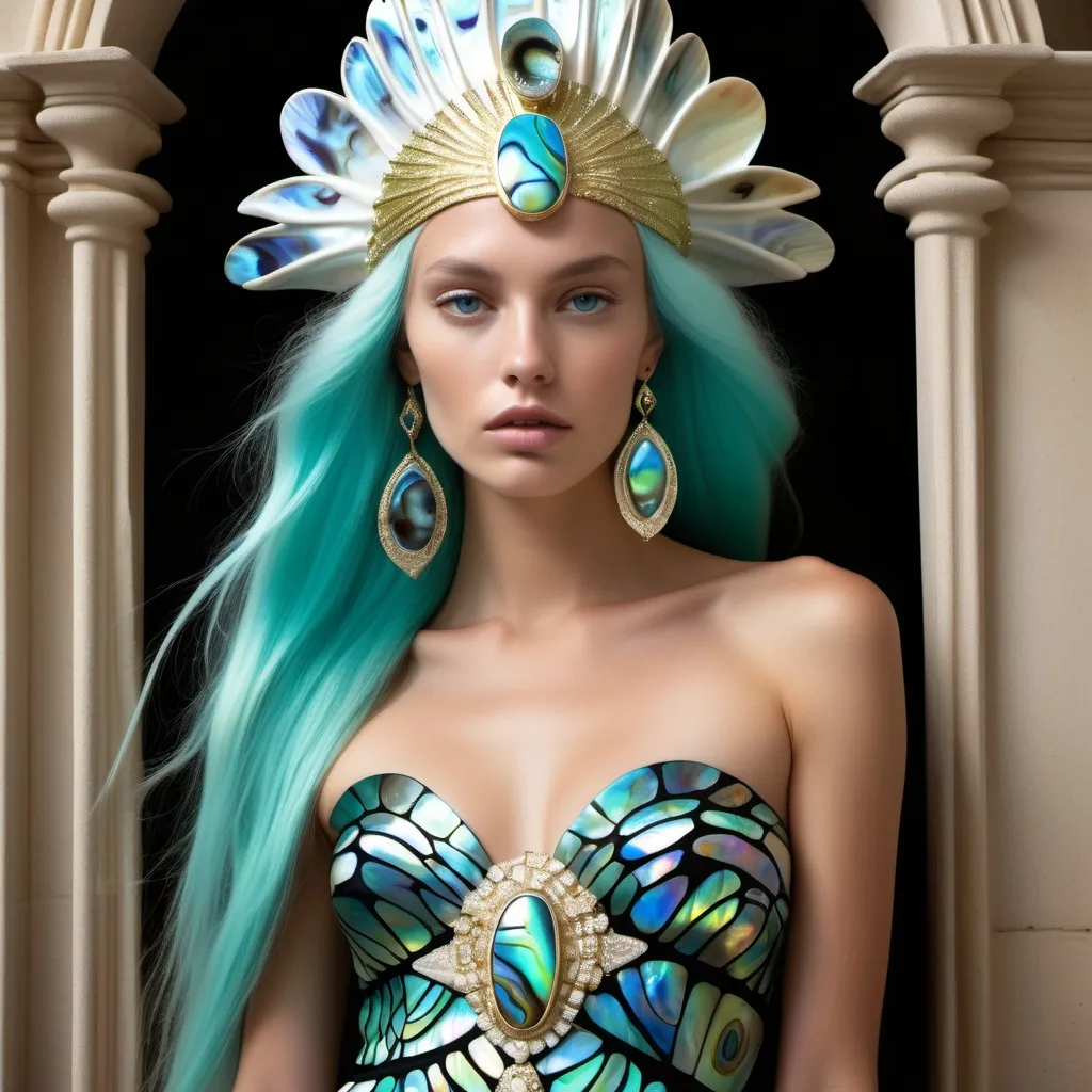 Prompt: Monaco Bulgarian swedish French gorgeous female model with aqua hair and lavish cartier with whimsical gorgeous extravagant aestheticism,  featuring blue abalone and Mother of pearl and chartreuse  turquoise black Prada Armani emilio pucci Valentino fitted silk gown as a Sandro Botticelli portrait painting with Polynesian Cartier white  abalone headdress with green opal