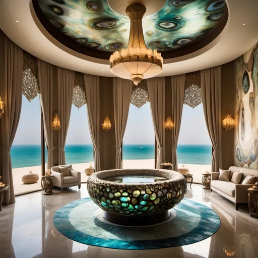 Prompt: Dubai royal Mediterranean Balinese spa room covered in abalone and abalone silk and as a Sandro Botticelli painting with elaborate abalone chandeliers and high ceilings and ocean views