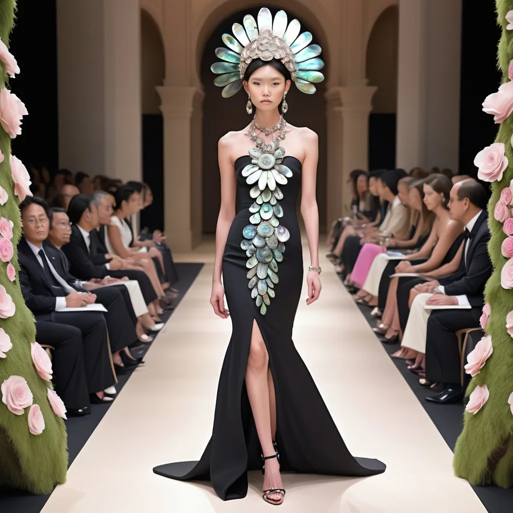 Prompt: Monaco female model with cartier rose, whimsical gorgeous Chen Lu, aestheticism,  featuring abalone and Mother of pearl and black Valentino fitted gown full length body photo on runway with floral heels Large Balinese abalone headdress