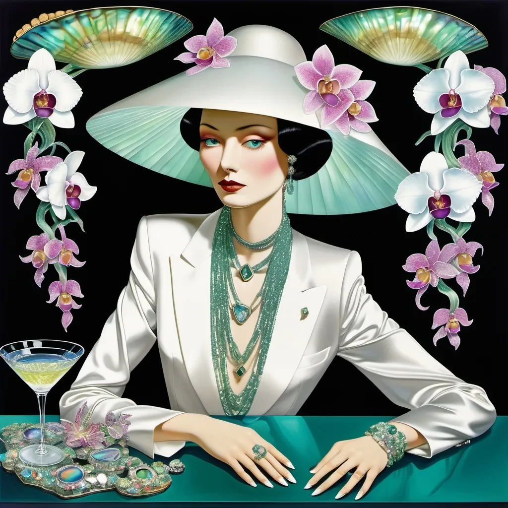 Prompt: Cartier Gatsby extravagant luxury 1990's 1920's  chinoiserie white shiny luminous abalone mother of pearl elaborate silk white platinum gold penthouse martini model in bar room with micro orchids with yellow coral green abalone and featuring pink violet jade chartreuse pearl diamond blue black and floral calligraphy art as a Sandro Botticelli painting in transcendent psychedelic style