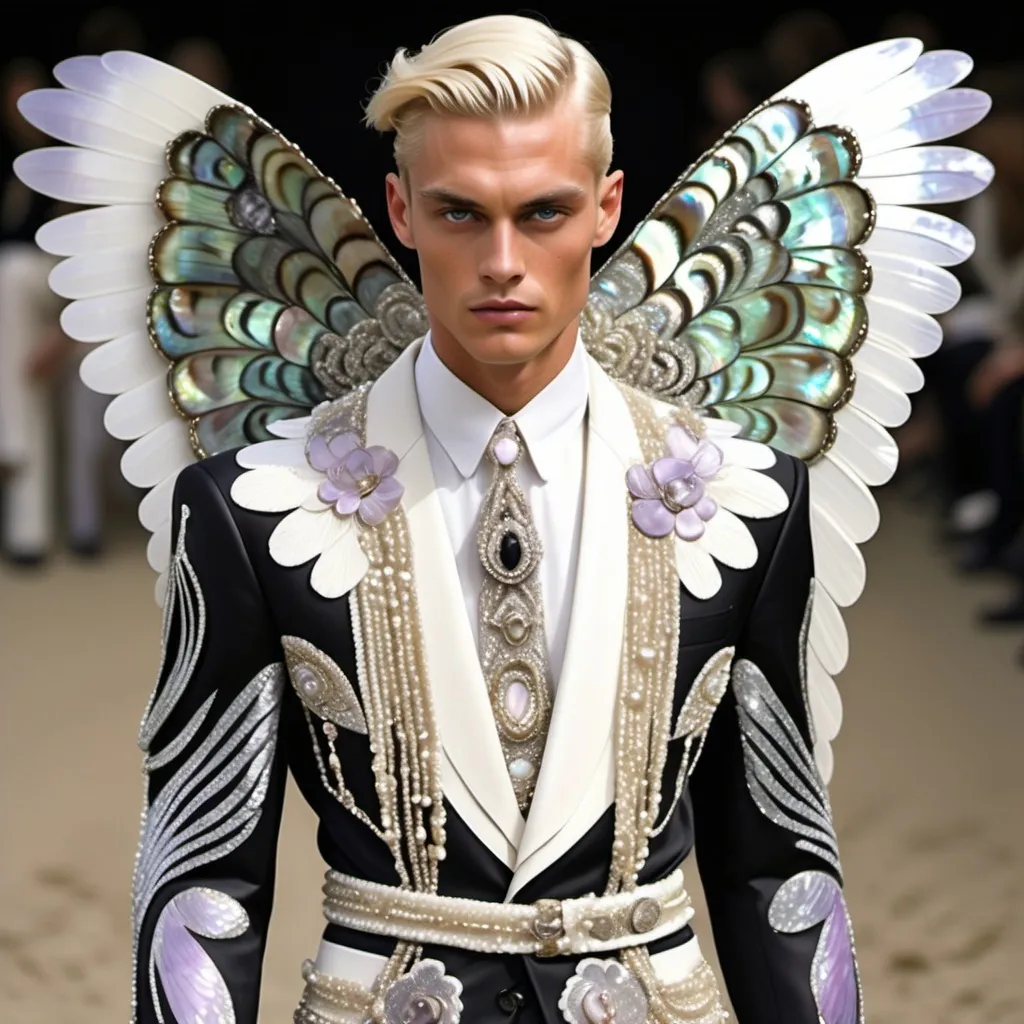 Prompt: Chanel Armani Gatsby extravagant luxury 1990's 1920's 1940's fashion in 
Black and white mother of pearl abalone on swedish Monaco slender tall gorgeous masculine muscular tan stunning male model in elaborate beaded 1920's Chanel japanese fitted kimono iris van herpen silk embroidered suit with white shiny ornate ABALONE ANGEL WINGS and with lavender hair as a Sandro Botticelli Portrait full body painting in Monaco casino