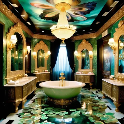 Prompt: An extravagant Turkish vibrant exotic floral Mediterranean Portuguese Balinese Indian luxury mansion spa room that has pearls showering from the ceiling into a fountain and abalone jade sapphire emerald opal covered walls and mother of pearl abalone gold floors and micro orchids and Cartier roses as a Sandro Botticelli painting