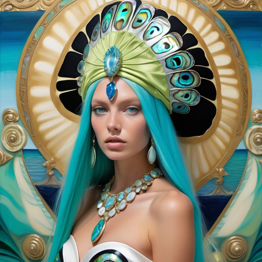 Prompt: Monaco Bulgarian swedish French gorgeous female model with aqua hair and lavish cartier with whimsical gorgeous extravagant aestheticism,  featuring blue abalone and Mother of pearl and chartreuse  turquoise black Prada Armani emilio pucci Valentino fitted silk gown as a Sandro Botticelli portrait painting with Polynesian Cartier white  abalone headdress with green opal