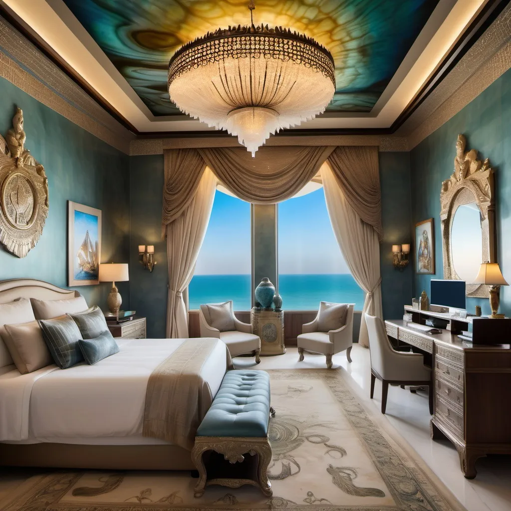 Prompt: Egyptian Dubai royal Mediterranean Balinese office bedroom covered in platinum abalone and abalone silk and as a Sandro Botticelli painting with elaborate abalone chandeliers and high ceilings and ocean views