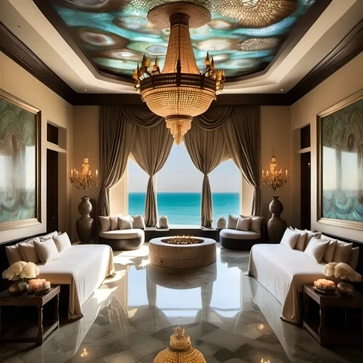 Prompt: Dubai royal Mediterranean Balinese spa room covered in abalone and abalone silk and as a Sandro Botticelli painting with elaborate abalone chandeliers and high ceilings and ocean views