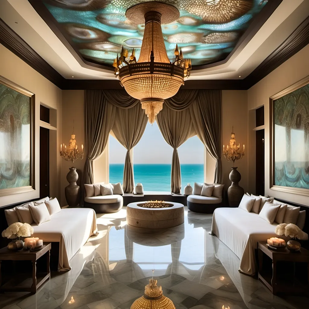 Prompt: Dubai royal Mediterranean Balinese spa room covered in abalone and abalone silk and as a Sandro Botticelli painting with elaborate abalone chandeliers and high ceilings and ocean views