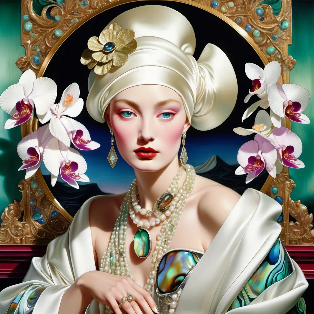 Prompt: Cartier Gatsby extravagant luxury 1990's 1920's  chinoiserie white shiny luminous abalone mother of pearl elaborate silk white platinum gold penthouse model in bar room with micro orchids with yellow coral green abalone and featuring pink violet jade chartreuse pearl diamond blue black and floral calligraphy art as a Sandro Botticelli painting in transcendent psychedelic style