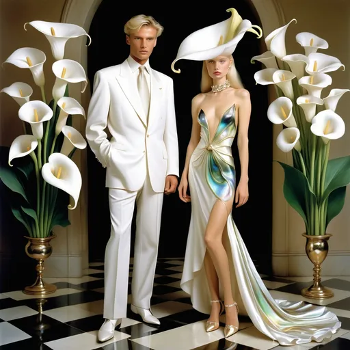 Prompt: Valentino Armani 1990's Hollywood chrome CALLA LILY outfits in white with gold Cartier accents and white mother of abalone pearl on swedish slender tall gorgeous female and male model in calla lilly heels with platinum blonde hair as a Sandro Botticelli full body elegant fashion editorial French couple portrait painting featuring two people and with mother of pearl and large abalone headdress in Monaco showgirl casino