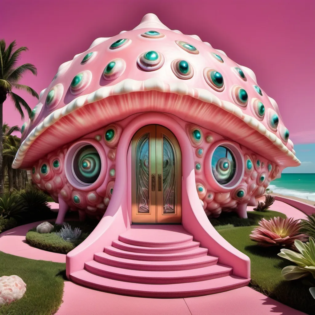 Prompt: a very large pink conch shell house with a walkway leading to it , David LaChapelle, art deco, psychedelic trippy fantastically gaudy, an art deco sculpture as a Sandro Botticelli painting featuring abalone and pearls and emeralds