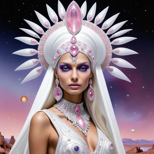 Prompt: White dreamy cosmic genie Indian water extraterrestrial goddess Monaco swedish indian casino showgirl miss India miss universe extravagant pink diamonds and platinum blonde hair and pink eyes in zuhair Murad beaded fitted embellished pearly white luminous platinum silver chrome violet white pearl opal diamond Swarovski crystal costume gown as a Sandro Botticelli full body cosmic planetary Star Trek alien goddess painting with large Cartier royal jewels and mother of pearl milky way venus Aphrodite themed