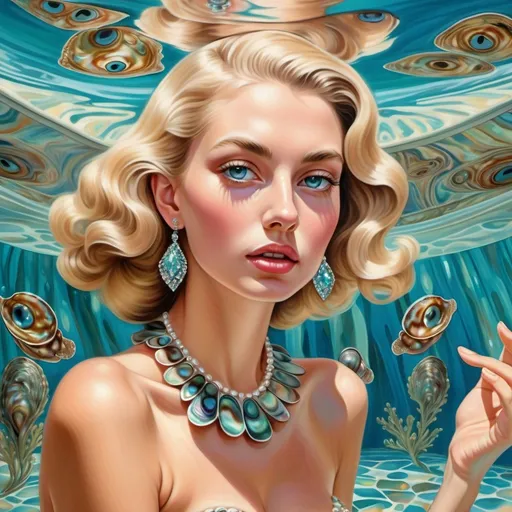 Prompt: 1950's Palm Beach extravagant classy ritzy pearl mansion outdoor abalone pool with Hawaiian French sultry feminine slender attractive tan platinum blonde female starlet model in abalone mermaid underwater portrait as a Sandro Botticelli fashion painting in high resolution with shiny abalone details with abalone kaleidoscope background