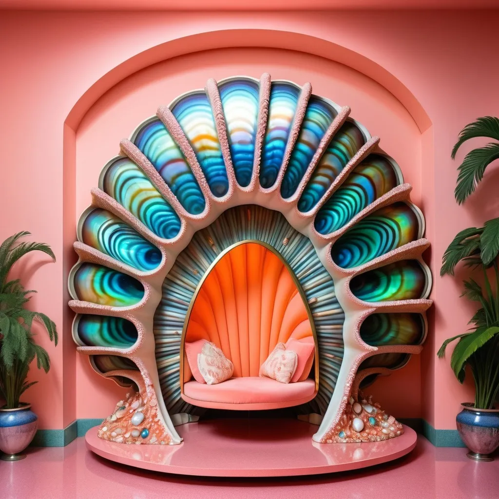 Prompt: a very large peach scallop shell house with a walkway leading to it , David LaChapelle, art deco, exotic psychedelic trippy fantastically gaudy, an art deco sculpture as a Sandro Botticelli painting featuring abalone and pearls and opals and coral