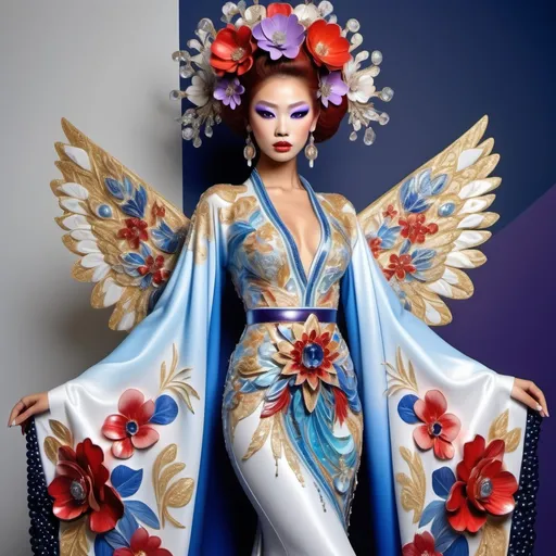 Prompt: Divine Angelic gorgeous feminine goddess Polynesian Hawaiian Balinese Thai Japanese geisha miss japan miss universe extravagant costume with vibrant red styled hair and purple eyes in zuhair Murad beaded fitted kimono gown in embellished pearly white blue gold navy indigo pastel blue luminous blue topaz platinum silver chrome white pearl opal diamond Swarovski crystal as a Sandro Botticelli full body painting with large Cartier royal floral jewels and mother of pearl and white abalone aquamarine emerald citronite chartreuse micro orchid headdress with pearls blue lotus