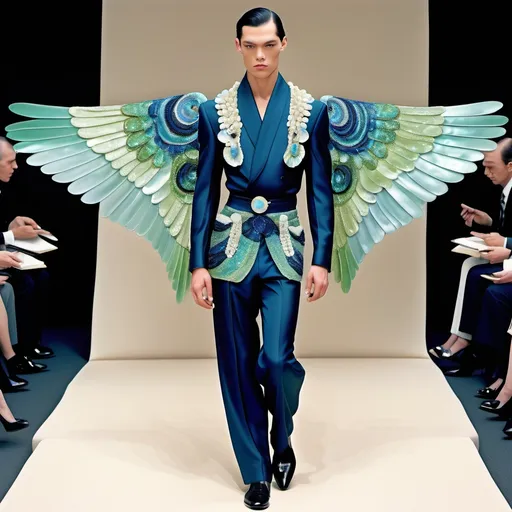 Prompt: Chanel Armani Gatsby extravagant luxury 1990's 1920's 1940's fashion in Navy indigo black turquoise mother of pearl emerald abalone on swedish Monaco slender tall gorgeous masculine muscular male model in elaborate beaded 1920's Chanel japanese fitted kimono iris van herpen silk embroidered pant suit with chartreuse ABALONE ANGEL WINGS and with black hair as a Sandro Botticelli Portrait full body painting in Monaco casino