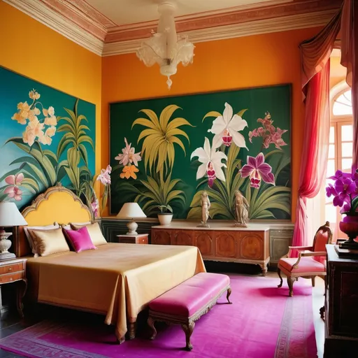 Prompt: Bright vibrant indian silks in a colorful Jaipur India royal exotic mansion bedroom with orchids and tropical flowers admirals on the walls as a Sandro Botticelli painting