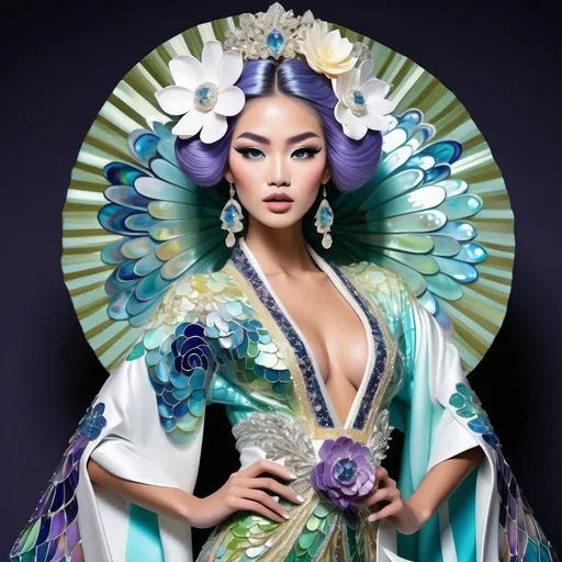 Prompt: Divine Angelic gorgeous feminine goddess Polynesian Hawaiian Balinese Thai Japanese geisha miss japan miss universe extravagant costume with vibrant pastel green bold styled hair and purple eyes in zuhair Murad beaded fitted kimono gown in embellished pearly white blue gold navy indigo Abalone pastel blue luminous blue topaz platinum silver chrome white pearl opal diamond Swarovski crystal as a Sandro Botticelli full body painting with large Cartier green large royal floral jewels and mother of pearl and green psychedelic abalone emerald chartreuse headdress