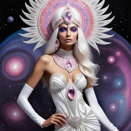 Prompt: White dreamy cosmic genie Indian water extraterrestrial goddess Monaco swedish indian casino showgirl miss India miss universe extravagant pink diamonds and platinum blonde hair and pink eyes in zuhair Murad beaded fitted embellished pearly white luminous platinum silver chrome violet white pearl opal diamond Swarovski crystal costume gown as a Sandro Botticelli full body cosmic planetary Star Trek alien goddess painting with large Cartier royal jewels and mother of pearl milky way venus Aphrodite themed