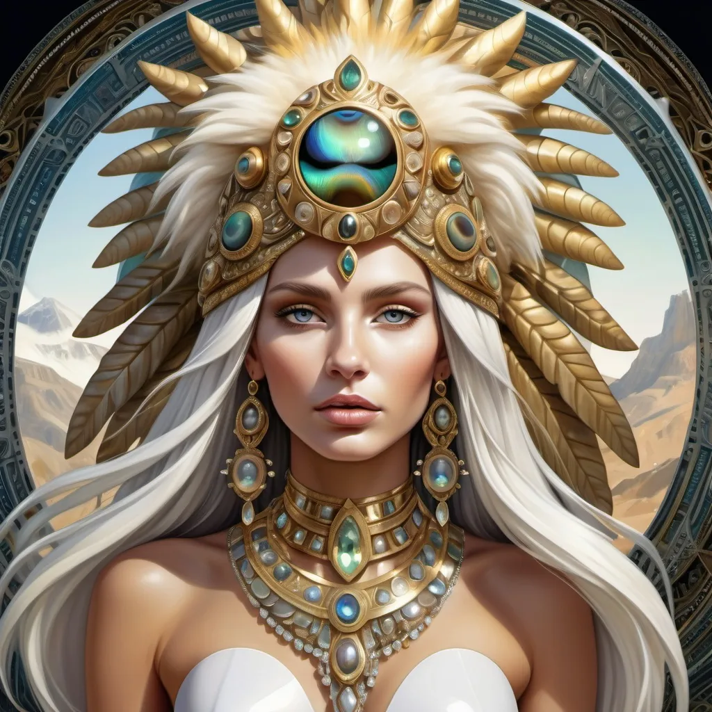 Prompt: Gorgeous white skinned Bulgarian goddess from south Africa with an ornate regal jeweled gold abalone headdress and a lion behind her,  futurism, highly detailed digital painting, a photorealistic painting