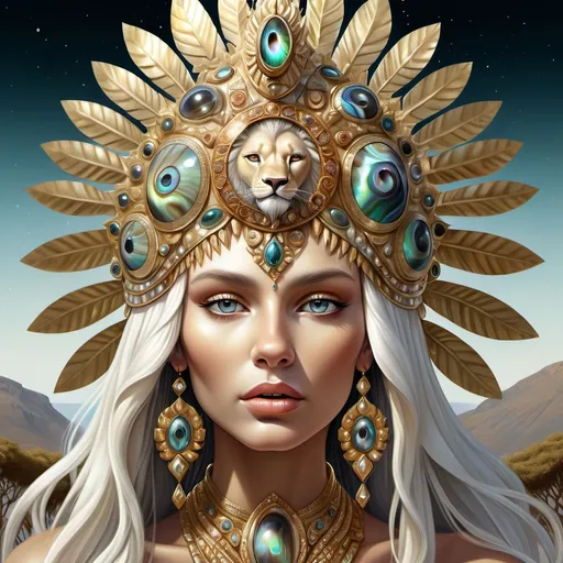 Prompt: Gorgeous white skinned Bulgarian goddess from south Africa with an ornate regal jeweled gold abalone headdress and a lion behind her,  futurism, highly detailed digital painting, a photorealistic painting