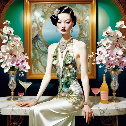 Prompt: Cartier Gatsby extravagant luxury 1990's 1920's  chinoiserie white shiny luminous abalone mother of pearl elaborate silk white platinum gold penthouse martini model in bar room with micro orchids with yellow coral green abalone and featuring pink violet jade chartreuse pearl diamond blue black and floral calligraphy art as a Sandro Botticelli painting in transcendent psychedelic style