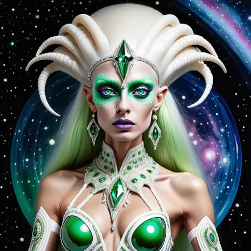 Prompt: Alien dreamy cosmic genie Indian  extraterrestrial platinum blonde hair and green alien skin with pink eyes in zuhair Murad beaded fitted embellished pearly white luminous platinum silver chrome violet white pearl opal diamond Swarovski crystal costume gown as a Sandro Botticelli full body cosmic planetary Star Trek Green alien goddess dancer painting with large Cartier royal jewels and mother of pearl milky way green themed