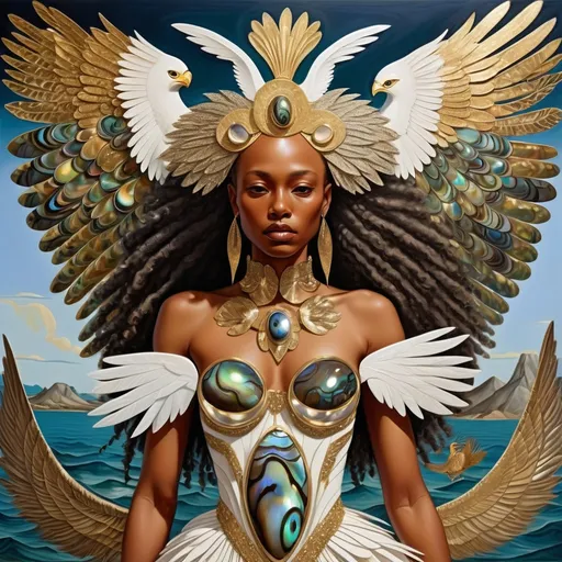 Prompt: a divine woman with white gold abalone feathers and a white abalone dress with an eagle bird on it's chest and wings on her back, Chinwe Chukwuogo-Roy, afrofuturism, beautiful highly detailed as a Sandro Botticelli painting