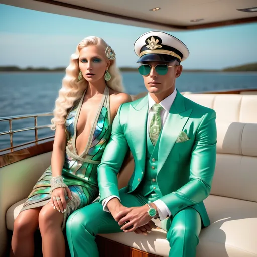 Prompt: 1920's billionaire vibrant pastel abalone green crystal fitted tarun tahiliani yacht captain suit on an attractive muscular masculine swedish model with platinum blonde hair sitting in large luxury yacht featuring abalone shell features as a Sandro Botticelli full body couple portrait with 4 showgirls in elaborate abalone watercolor costume gown and abalone headdress with light vibrant green Swarovski crystal large star beams kaleidoscope abstract background