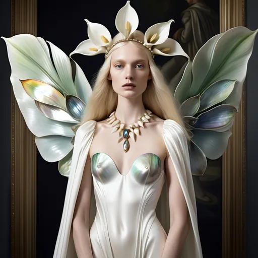 Prompt: Valentino Joan of arc CALLA LILY GOWN in white with gold Cartier accents and white mother of abalone pearl Swarovski crystals on a swedish slender tall gorgeous femodel with platinum blonde hair as a Sandro Botticelli full body elegant fashion editorial French portrait painting with mother of pearl and abalone headdress and abalone fairy iris van herpen renaissance wings with calla lilly flowers in background