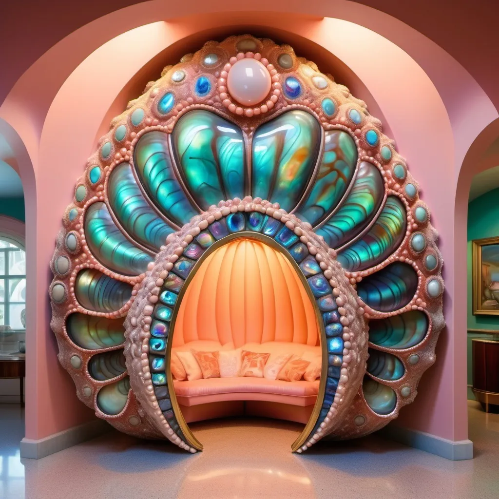 Prompt: a very large peach scallop shell house with a walkway leading to it , David LaChapelle, art deco, exotic psychedelic trippy fantastically gaudy, an art deco sculpture as a Sandro Botticelli painting featuring abalone and pearls and opals and coral