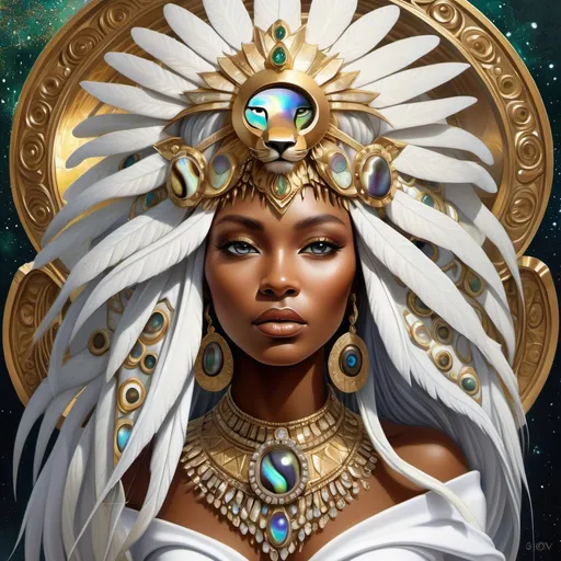 Prompt: Gorgeous white Bulgarian goddess from south Africa with an ornate regal jeweled gold abalone headdress and a lion behind her, , Chinwe Chukwuogo-Roy, futurism, highly detailed digital painting, a photorealistic painting