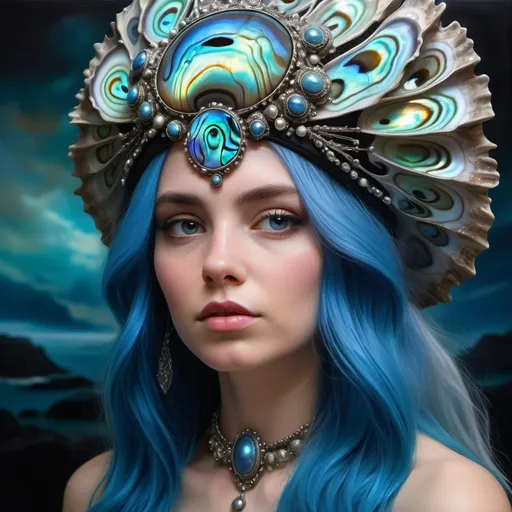 Prompt: a woman with blue hair wearing a headpiece and a blue abalone head piece abalone design on it, Carla Wyzgala, fantasy art, fantasy style, a photorealistic painting