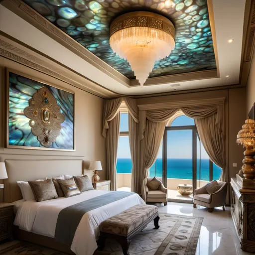 Prompt: Egyptian Dubai royal Mediterranean Balinese penthouse bedroom covered in abalone and abalone silk and as a Sandro Botticelli painting with elaborate abalone chandeliers and high ceilings and ocean views