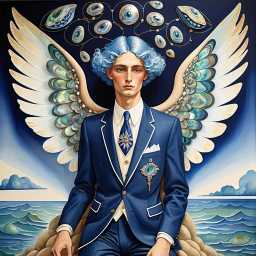 Prompt: Celestial Divine Magnificent whimsical French  abalone navy vibrant indigo white Swarovski crystal watercolor chanel suit on slender attractive tan tall male model with blue hair and with two abalone angel wings in center of back as a Sandro Botticelli full body painting 1950's