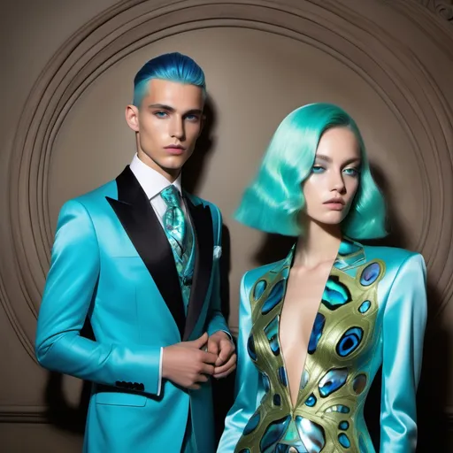 Prompt: a handsome male Catalan polish swedish male model with blue hair and blue abalone Armani silk suit and a Monaco Bulgarian swedish French gorgeous female model with aqua hair and lavish cartier with whimsical gorgeous extravagant aestheticism,  featuring blue abalone and Mother of pearl and chartreuse  turquoise black Prada Armani emilio pucci Valentino fitted silk gown as a Sandro Botticelli portrait painting with Polynesian Cartier white  abalone headdress with green opals