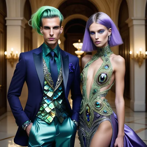 Prompt: a handsome male Catalan  swedish divine sacred male model with green hair and blue abalone Armani suit and a Monaco Bulgarian swedish French gorgeous female model with navy hair and lavish cartier with whimsical gorgeous extravagant  exotic aestheticism,  featuring violet lavender gold abalone and Mother of pearl and chartreuse vibrant beaded zuhair Murad rami al ali fitted ornate Swarovski abalone gown as a Sandro Botticelli portrait painting with large Balinese Polynesian Cartier gold  headdress with green abalone