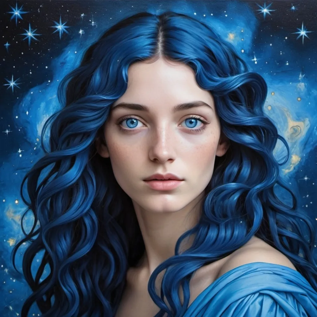 Prompt: Blue skin and indigo haired cosmic beauty with indigo eyes as a Sandro Botticelli Portrait painting with blue galaxy background filled with blue stars