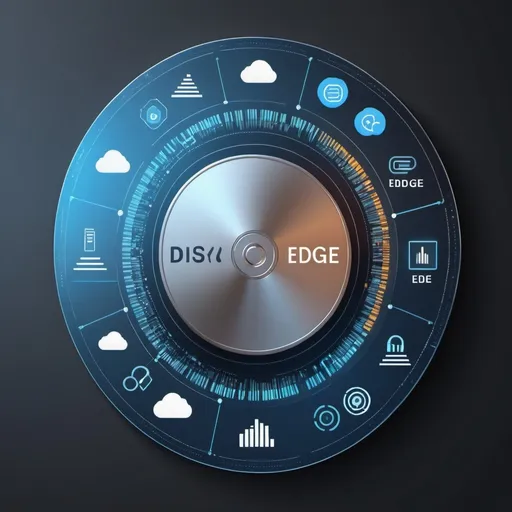 Prompt: (software represented by a disk getting pushed into the cloud, the edge, and the datacenter), high-tech, futuristic, sleek and modern design.  The software labels are as follows.  AI, IoT, Finance, BI, SaaS, data, analytics
