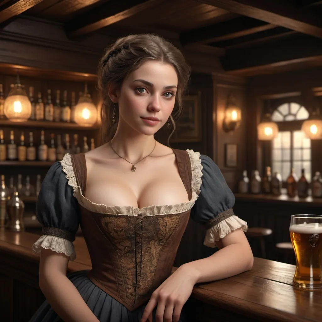 Prompt: A mesmerizingly detailed 4K and UHD image of an old 1700s bar, rendered using Octane Render CGI technology. The scene captures the essence of a bygone era with vintage wooden furnishings and dim lighting. A stunningly beautiful and realistic woman gracefully serves beers as a waitress, her elegant curves and silhouette accentuated by the intricate details of the setting. The ethereal light plays on her dazzling appearance, while her stunning and realistic body is highlighted by the contrast between the darkness and light. The image is a breathtaking 16K masterpiece that showcases the incredible resolution of 4K and UHD, with a bewitching aura and extreme detail that will leave you captivated.