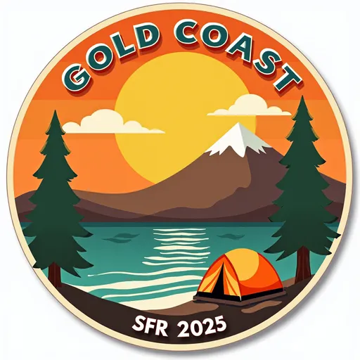 Prompt: A sticker with "Gold coast " with a summer camping and outdoors theme "SFR 2025" written down the bottom