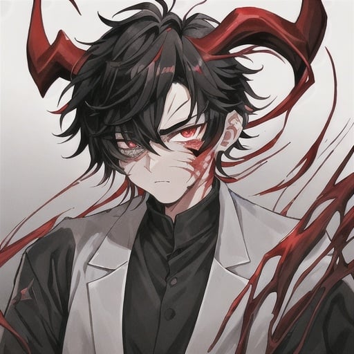 Prompt: Oxen 1male. He has short black hair. He has {{{slanted and serious red-colored eyes.}} He has a stern yet comforting look. His face is covered in scars. He is wearing a lab coat and holding flasks. UHD, 4K.  Handsome. Highly detailed face. He is 26 years old. Close up