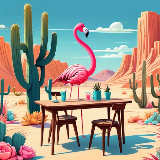 Prompt: Cartoon desert scene, vibrant color palette, warm sandy tones, four tall cacti with intricate details, whimsical flamingo standing beside the table, cheerful atmosphere, clear blue sky, sunlight casting playful shadows, a wooden table adorned with colorful accents, playful style, HD, cartoonish charm, inviting and lively ambiance.