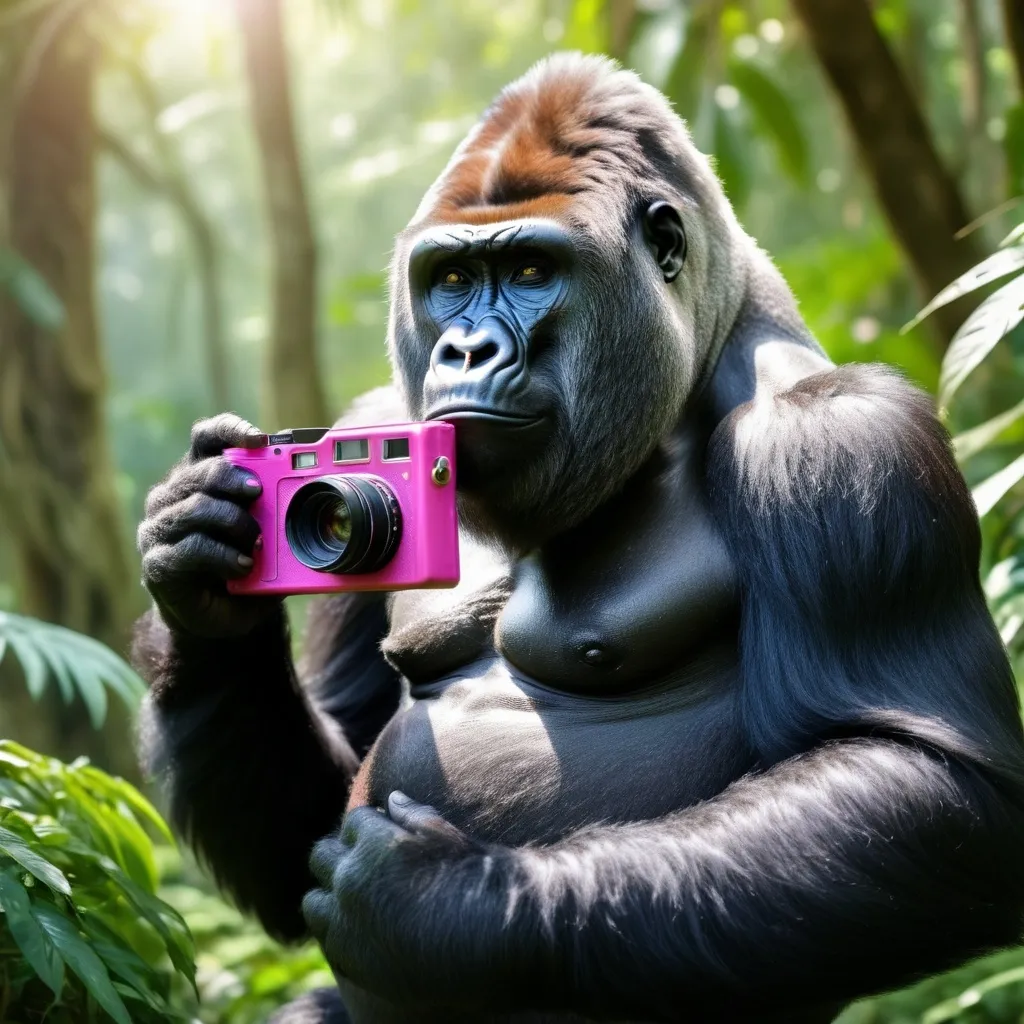 Prompt: Gorilla Holding a pink digital camera and taking a picture of another gorilla