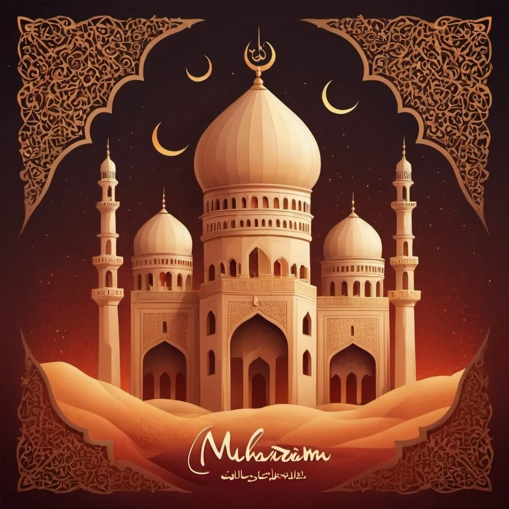 Prompt: Muharram greetings illustration, elegant calligraphy, Islamic artwork, warm and inviting color scheme, intricate details, high quality, digital art, traditional, festive, peaceful ambiance, professional, warm lighting